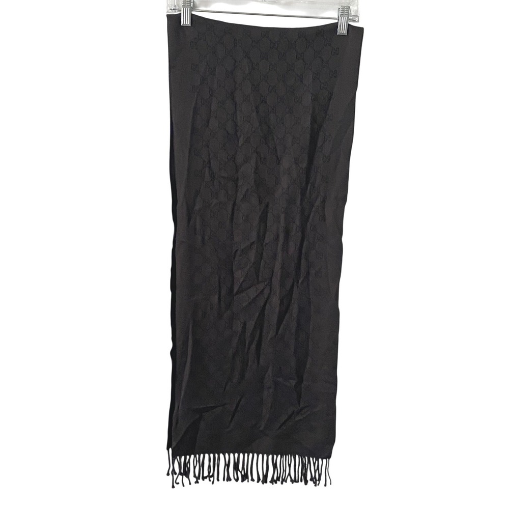 Gucci Brown GG Monogram Wool Scarf 100% Lana 38x180cm Made in Italy Fringe